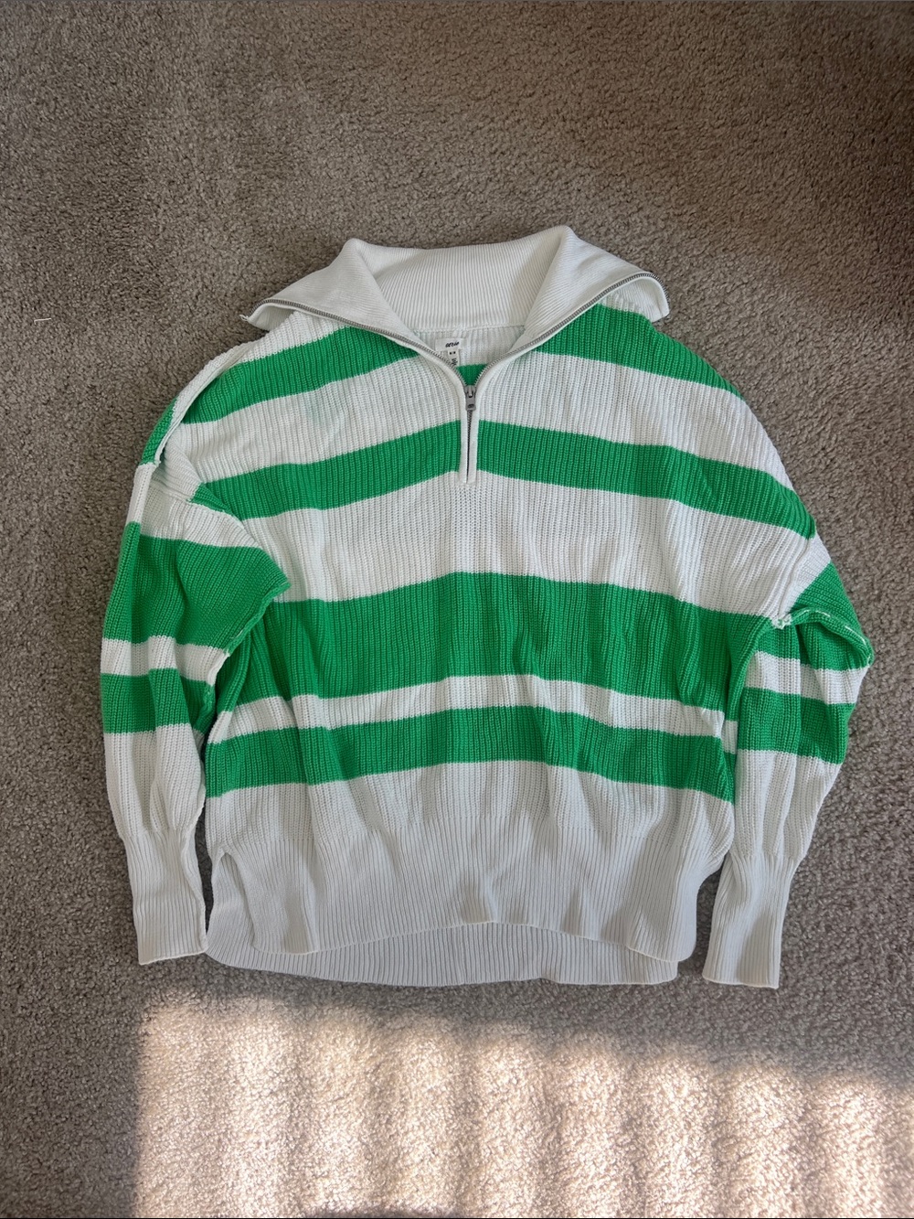 aerie White and Green Striped Half-Zip Sweater size M